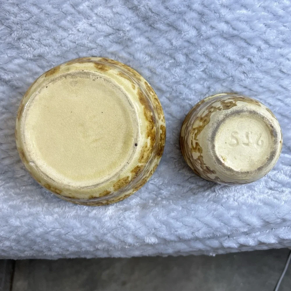 Vintage Yellowware Spongeware Bowl & Cup Set Brown Spatter Glaze 556